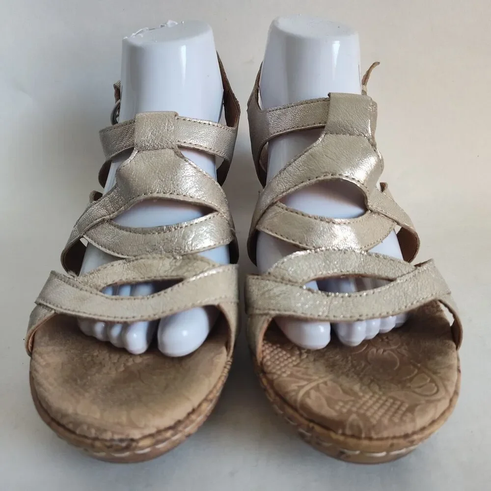 BOC Born Metallic‎ Gold Leather Sandals Cork Wedge Heels Ankle Strap Womens 10 M